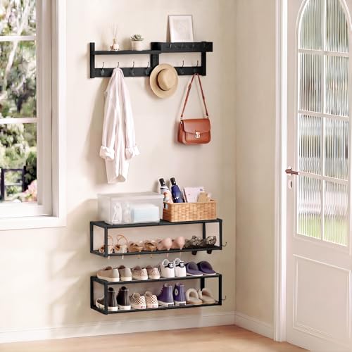4 Pack Wall Coat Rack with Shoe Rack, 2-in-1 Coat and Shoe Rack Entryway | Adjustable Hanging Shoe Rack Holds 16 Pairs with Hooks, Wall Mounted Coat Rack Space Saving for Hallway Closet Bedroom, Black - size: shoe and coat rack