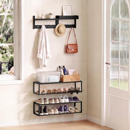 4 Pack Wall Coat Rack with Shoe Rack, 2-in-1 Coat and Shoe Rack Entryway | Adjustable Hanging Shoe Rack Holds 16 Pairs with Hooks, Wall Mounted Coat Rack Space Saving for Hallway Closet Bedroom, Black - size: shoe and coat rack