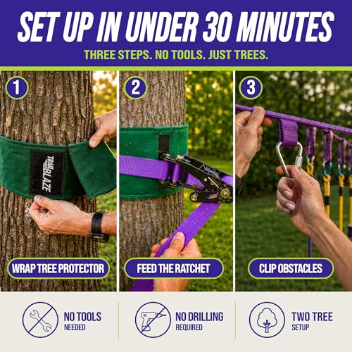 Trailblaze Ninja Warrior Obstacle Course for Kids - Ultimate Outdoor Fun 2x55 Ft Ninja Slackline Climbing Net Rope Ladder Trapeze Swing Monkey Bars - Durable and Safe Ninja Course for Kids Outside | 450lb Capacity Ultimate Outdoor Fun and Durable Ninja Co