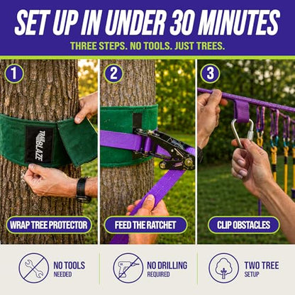 Trailblaze Ninja Warrior Obstacle Course for Kids - Ultimate Outdoor Fun 2x55 Ft Ninja Slackline Climbing Net Rope Ladder Trapeze Swing Monkey Bars - Durable and Safe Ninja Course for Kids Outside | 450lb Capacity Ultimate Outdoor Fun and Durable Ninja Co