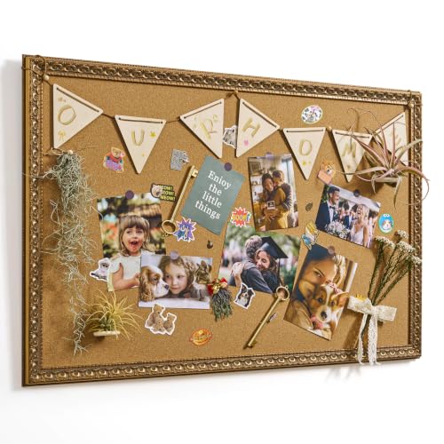 Large 24x36 Gold Cork Bulletin Board for Photos,Retro Memo Board Organizer | Antique Style,Inspiration Pinboard,Vision Board Display,Photo Wall Organizer,Office Studio Classroom Accent,Hallway Decor - size: 24" x 36"