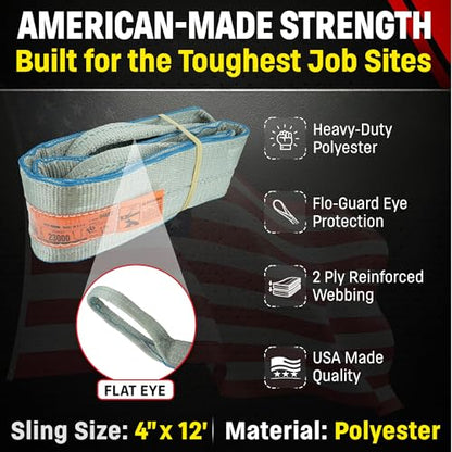 Chenango Supply Eye & Eye 2 Ply Rigging DD Slings | USA-Made, Heavy Duty, Marine Flo Guard Polyester, for Lifting & Material Handling (Multiple Sizes and Capacities) - size: 4" x 12'