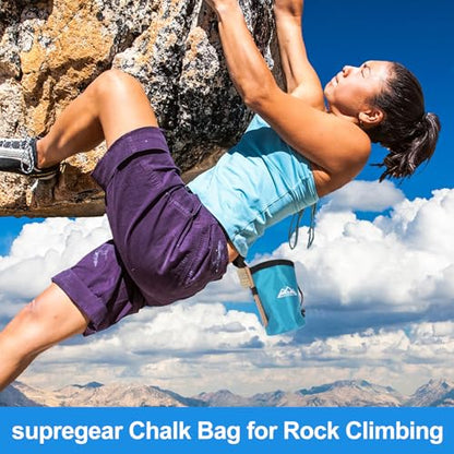 supregear Chalk Bag for Rock Climbing, Large Zipper Pocket with Brush Holder, Drawstring Closure, and Carabiner Clip, Ideal for Bouldering, Weightlifting, Gym - color: Blue