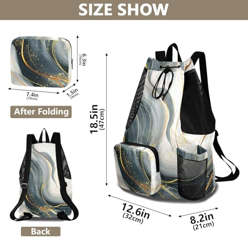 Drawstring Climbing Gym Bag With Water Bottle Holder Drawstring Backpack with Wet Dry Compartments Blue Golden Lines Marble