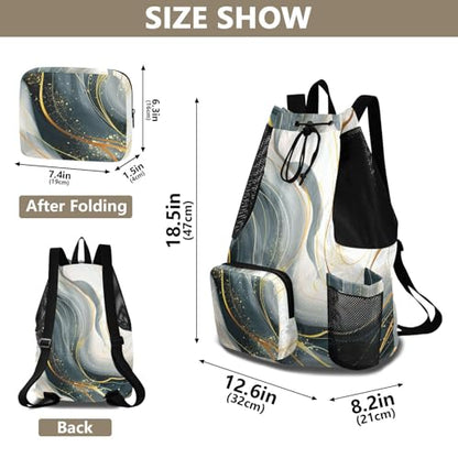 Drawstring Climbing Gym Bag With Water Bottle Holder Drawstring Backpack with Wet Dry Compartments Blue Golden Lines Marble