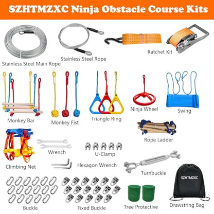 65FT Ninja Warrior Obstacle Course for Kids Backyard Outdoor | Stainless Steel Main Cable, Waterproof 13 Pcs Children Toy Training Accessories, Climbing Net, Swing, Ladder, CPSC Approval - size: 65FT 13Pcs Ratchet