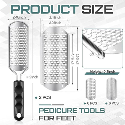 Moxweyeni 14 Pack Colossal Foot File Pedicure Tools Sets with 2 Styles Large and Small Hole Replacement Callus Remover Blades, Stainless Steel Detachable Pedicure Foot Rasp for Dead Skin Remover - color: Silver