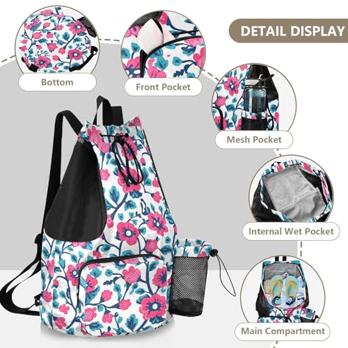 Draw String Back Bag Climbing Gym Bag With Pockets String Bag Waterproof Red Turquoise Floral Pattern