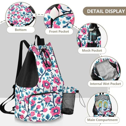 Draw String Back Bag Climbing Gym Bag With Pockets String Bag Waterproof Red Turquoise Floral Pattern