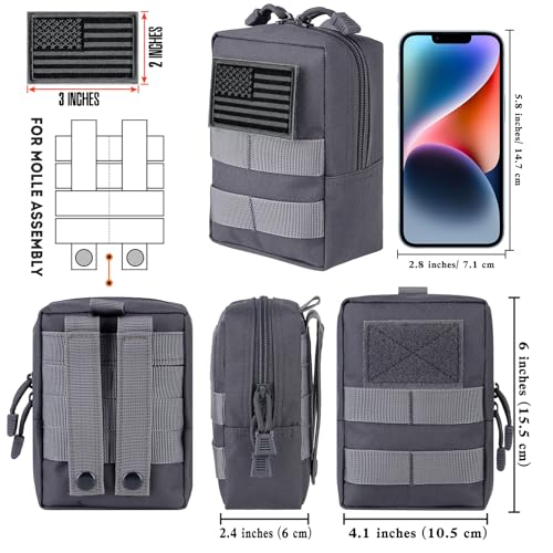 2 Pack Tactical Molle EDC Pouch Multi-Purpose Compact Pack Water-Resistant Utility Pouch with Flag Patch - color: Gray