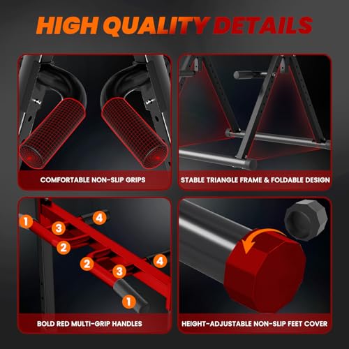 WATBKHE Power Tower Pull Up Dip Station Foldable, Pull Up Bar Station Adjustable, Multi-Function Home Gym, Strength Training Fitness Equipment, Triangular Design, for Home Outdoor - color: Black, Red-Multifunction Bar