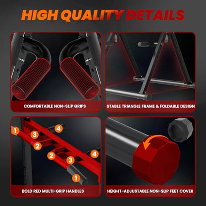 WATBKHE Power Tower Pull Up Dip Station Foldable, Pull Up Bar Station Adjustable, Multi-Function Home Gym, Strength Training Fitness Equipment, Triangular Design, for Home Outdoor - color: Black, Red-Multifunction Bar