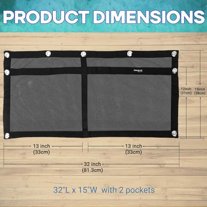 Boat Storage Bag,Polyester Boat Mesh Suspended Storage Bag,Black Boats Storage Mesh Pocket,Boat Seat Storage Bag for Leaning Post with 6 Positioning Elastic Loops. (32" L x 15" W (2 Pockets)) - size: 32"L x 15"W