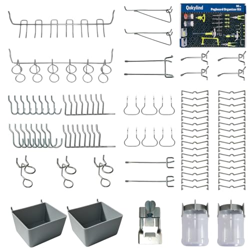 Pegboard Accessories Organizer Kit, 90PCS Hooks Assortment with Bins and Jars, Heavy Duty Tool Hangers for Garage Storage, Workshop Wall Organization