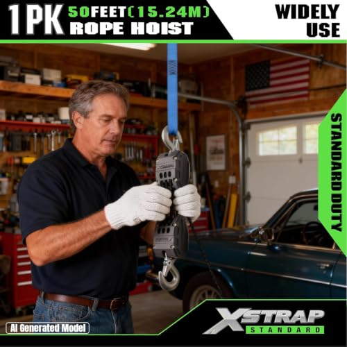 XSTRAP STANDARD Heavy-Duty 50 FT Reflective Rope Hoist Pulley System, White | Metal Wheels Bearing 2000 LB Breaking Strength Block and Tackle Pulley System for Lifting Heavy Objects, with 2pcs Soft Loops - color: 50ft White Upgraded