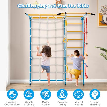 HONEY JOY Climbing Toys for Toddlers, Upgrade Metal Indoor Kids Gym for Solid Wall, Playground and Climbing Exercise Set with Rope Ladder, Pull-up Bar, Monkey Bars, Gymnastic Rings (7 in 1) - size: 7 In 1