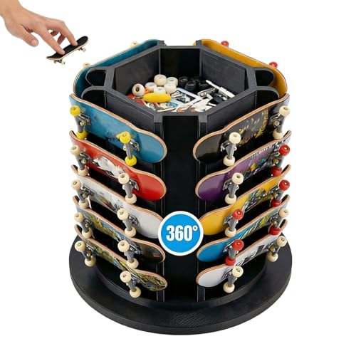 Fingerboard Display Rack Holder,360° Rotating,Pro Finger Skateboard Organizer for 20 Decks and Accessories,with Center Storage,Desktop Storage Tower for Fingerboard and Mini Collectibles,Heavy Duty - color: Black