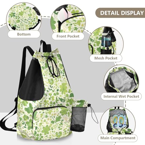 Drawstring Backpack Climbing Gym Bag With Inside Pockets Cinch Sacks Dry Wet Separation Green Flower Plant