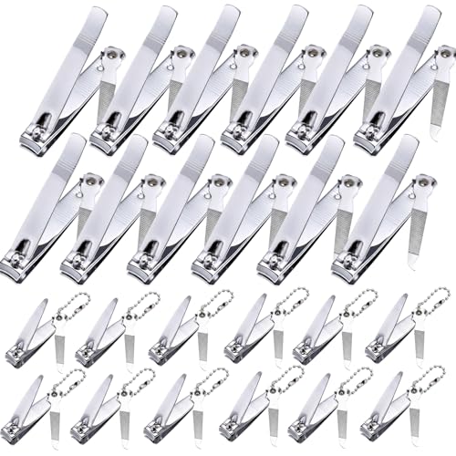 Bememo 24 Pcs Stainless Nail Clippers Set 2 Sizes Fingernail and Toenail Clippers with Chain Nail Cutter Tool Set Portable Travel Manicure Kit for Men Women Homeless Care Package Supplies(Silver) - color: Silver