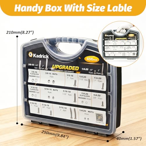 Kadrick 456Pcs 18-8(304) Stainless Steel Hex Bolts Assortment,1/4-20 5/16-18 3/8-16 Heavy Duty Bolts and Nuts Kit, Assorted SAE Bolts Nuts Flat&Lock Washers,Lenth Form 1/2''-2'' - size: 456Pcs Stainless SAE Hex Bolts