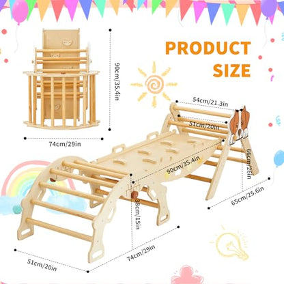 Takywep Pikler Triangle Set, 7-in-1 Foldable Pikler Triangle Climbing Toys Set with Arch & Ramp & Ladder, Indoor Playground Gym, Wooden Montessor Climbing Set for Kids Toddler - color: Brown-dog
