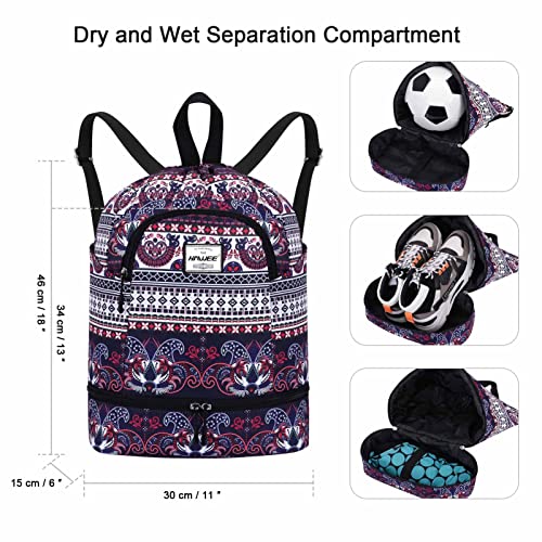 Dry Wet Drawstring Backpack with Shoe Compartment for Women Adjustable Gym Bag - color: Exotic