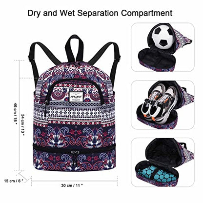 Dry Wet Drawstring Backpack with Shoe Compartment for Women Adjustable Gym Bag - color: Exotic