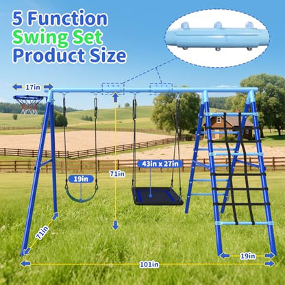 5-in-1 Metal Backyard Swing Set for Kids Outdoor Playground Equipment | 43" Platform Swing & Belt Seat, Climbing Rope Ladder, Rigid Ladder, Basketball Hoop, Enjoy Park-Style Fun Right At Home