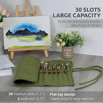 DUGATO 30-Slot Roll-Up Canvas Brush Holder, Army Green | Washable Paint Brush Case, Durable Canvas Organizer for Brushes & Art Supplies (Brushes not Included) - color: Green