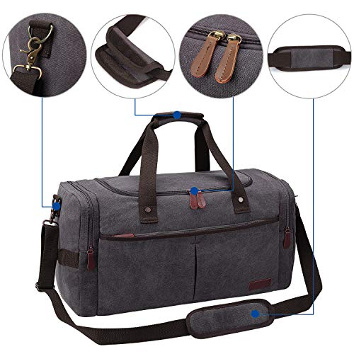 S-ZONE 65L Expandable Canvas Duffle Bag Travel Overnight Holdall Weekend Bag with Shoes Compartment Large Carry On Bag Tote Gym Bag for Men Women, Grey, L | Cotton Canvas, 45L Large Size, Shoes Compartment,Multi-Pocket, Removable Shoulder strap for Gym or