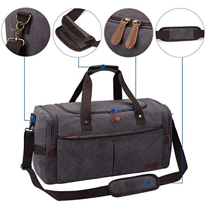 S-ZONE 65L Expandable Canvas Duffle Bag Travel Overnight Holdall Weekend Bag with Shoes Compartment Large Carry On Bag Tote Gym Bag for Men Women, Grey, L | Cotton Canvas, 45L Large Size, Shoes Compartment,Multi-Pocket, Removable Shoulder strap for Gym or