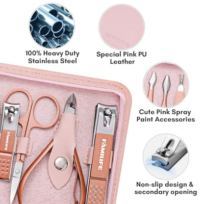 FAMILIFE Manicure Set, Professional Nail Kit Stainless Steel Nail Clipper Set, 13PCS Beauty Tools Manicure Kit Pedicure Tools, with Portable Pink Leather Travel Case for Her - color: Pink