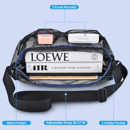 Mildbeer Gym Tote Bag, Mesh Bag Crossbody Satchel 12x6x12 for Gym Beach Ball Games Training Camping Hiking Clothes Storage - color: Black