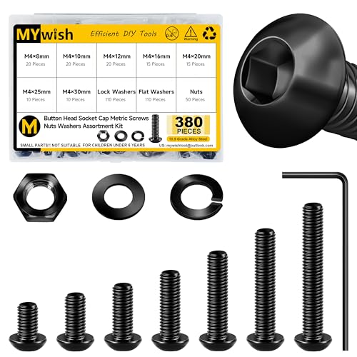 Mywish 380 Pcs M4 Screw Nuts and Bolts Assortment Kit, Grade 10.9 Alloy Steel Button Head Socket Cap Metric Screws Bolts, Spring & Flat Lock Washers/Nuts/Hex Wrenches, M4 Bolts x 8/10/12/16/20/25/30mm - color: Black, size: 380Pcs M4