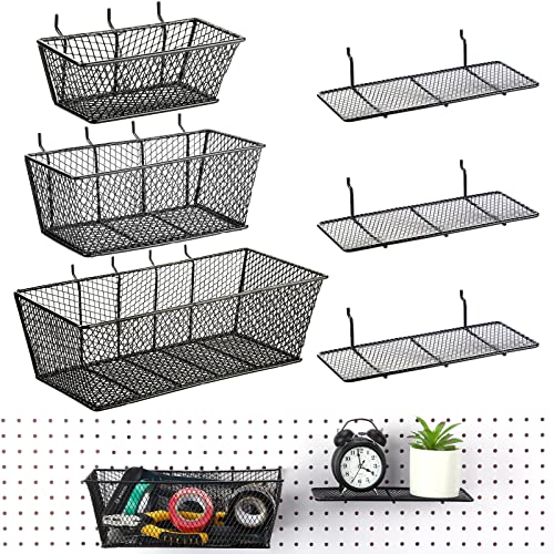 Sieral 6 Pieces Pegboard Baskets Wall Mount Wire Peg Board Baskets 3 Sizes Pegboard Accessories Slatwall Bins Basket Home Garage Hanging Organizer for Tools and Craft(Black) - color: Black