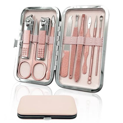 10 in 1 Premium Manicure Set - Nail Clippers Scissors Pedicure Stainless Steel Cuticle Nail Care Tools with Luxurious Travel Case, Portable Manicure Grooming Kit for Women