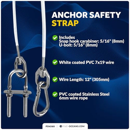 Five Oceans 12-Inch Anchor Safety Straps, Heavy Duty 7x19 PVC Coated Stainless Steel 6mm Wire Rope, Includes 5/16-Inch Carabiner Snap Hook and 5/16-Inch U-Bolt - FO4560