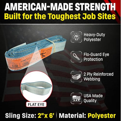 Chenango Supply Eye & Eye 2 Ply Rigging DD Slings | USA-Made, Heavy Duty, Marine Flo Guard Polyester, for Lifting & Material Handling (Multiple Sizes and Capacities) - size: 2" x 6'