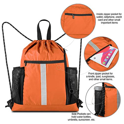 BeeGreen Orange Drawstring Backpack Bag Cinch Sack with Shoe Compartment and Two Side Mesh Pockets Lightweight Large Sturdy Drawstring Gym Sackpack For Unisex - color: Orange, style: Drawstring With Shoe Compartment