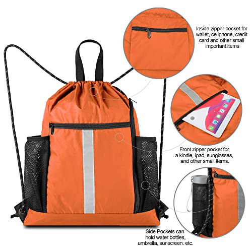 BeeGreen Orange Drawstring Backpack Bag Cinch Sack with Shoe Compartment and Two Side Mesh Pockets Lightweight Large Sturdy Drawstring Gym Sackpack For Unisex - color: Orange, style: Drawstring With Shoe Compartment