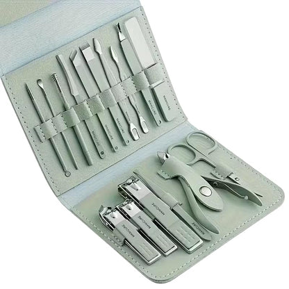 16 pcs Stainless Steel Nail Care Tools Grooming Kit with Luxurious Travel Leather Case for Thick Nails Men Women Gift,Manicure Set Professional NailClippers Pedicure Kit,Sharp Nail Scissor(Green)
