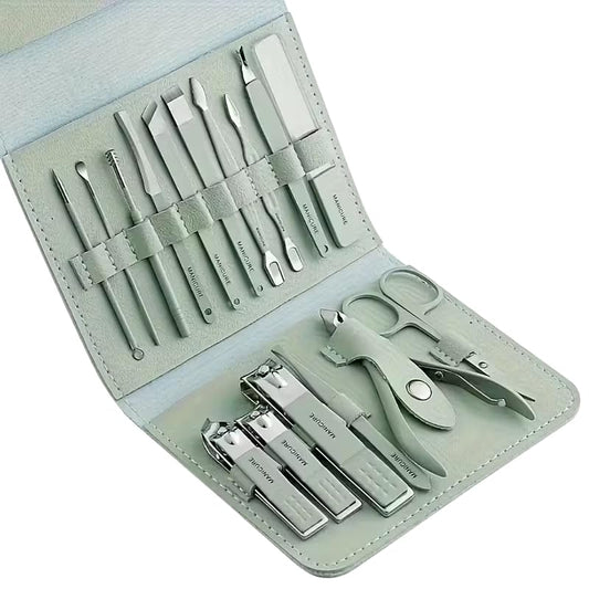 16 pcs Stainless Steel Nail Care Tools Grooming Kit with Luxurious Travel Leather Case for Thick Nails Men Women Gift,Manicure Set Professional NailClippers Pedicure Kit,Sharp Nail Scissor(Green)