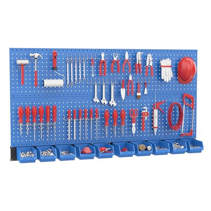 Ultrawall Pegboard Wall Organizer, Blue Metal Peg board Panels, Garage Storage System with Hooks and Storage Bins, 59pcs - color: Blue
