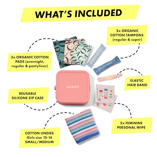 BONKS GoGo Kit - First Period Kit Ages 10-14 (S - M) - Tween Period Starter Kit - Emergency Kit for Girls - Essential Hygiene Kit - Includes Pads, Tampons, Underwear & More - style: Tween Period Kit S/M (10-14)