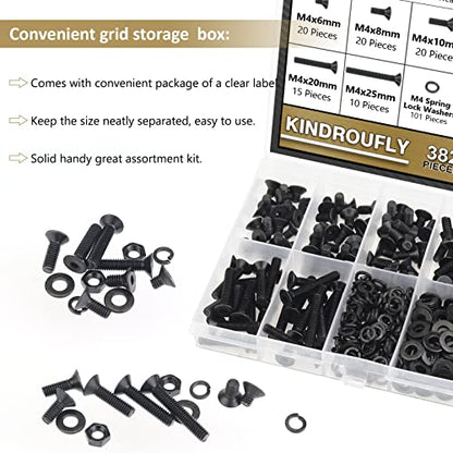 382 Pieces Black M4 x 6/8 /10/12 /16/20 /25mm Countersunk Head Socket Cap Screws Nuts Washers Assortment Kit, 10.9 Grade Alloy Steel - size: M4, style: Countersunk Head