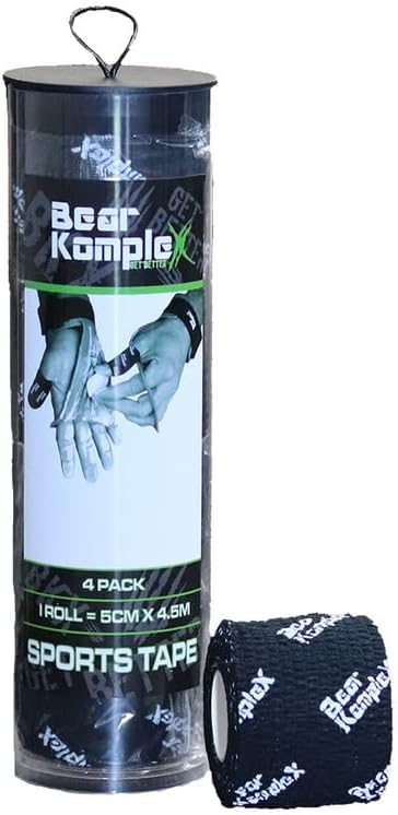 Bear Komplex Athletic Sports Tape, 4 or 12 Pack of Premium Adhesive Wrap, 5 cm Tape, Sweatproof, Breathable, and Non-Slip for Lifting, and Hook Grip, Hypoallergenic and Latex Free - color: Black, size: 4 Count