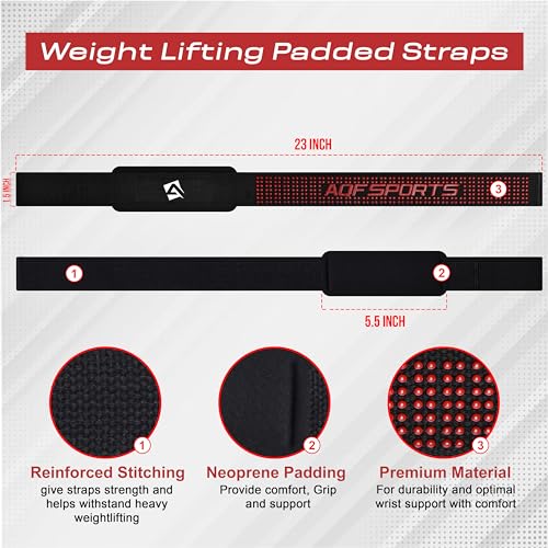 AQF Weight Lifting Straps, Padded Cotton Gym Wrist Straps for Deadlifts | 23" Extra-Long, Heavy-Duty Webbing, 5mm Neoprene Cushioning, Open-Loop Design, Sold as Pair, Ideal for Rows & Pull Workout - color: Black/Red Gel Grip