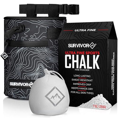 SURVIVOR Chalk Bag + Refillable Chalk Ball + 200g Ultra Fine Climbing Chalk Powder Bundle