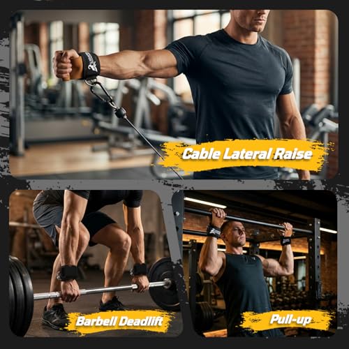 Weight Lifting Straps with D Rings, Leather Palm Grip, 7mm Wrist Support Padding, Adjustable Fit for Cable Machines & Free Weights