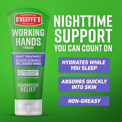 O'Keeffe's Working Hands Hand Cream Plus Night Treatment Cream Bundle - 3 oz Tubes (2 total) - Repairing Skincare for Cracked, Dry Hands - size: 3 Ounce (Pack of 2), style: 3oz Set